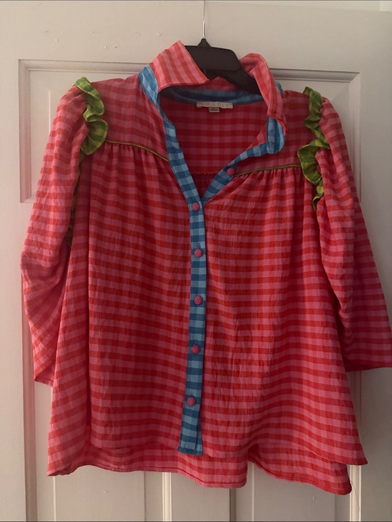 Karlie Tops - Pink Check Button-Front Top with Blue Trim- Karlie